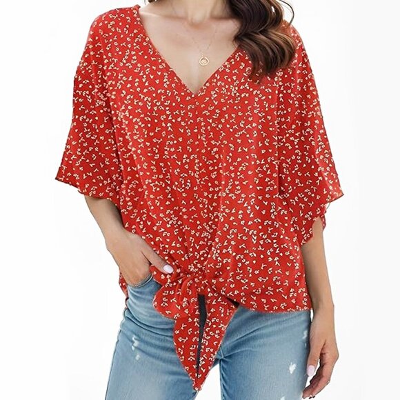 Boho Floral Blouse Casual 3/4 Sleeve V-Neck Tie Front Batwing Flower Red Medium - Picture 1 of 4